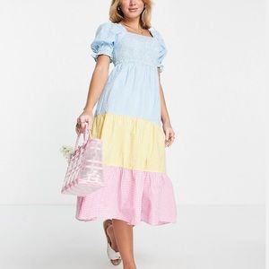 NWOT puff sleeve shirred midi dress mixed gingham